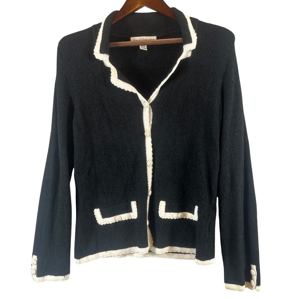 Vintage David Brooks M Black White Cardigan Jacket Contrast Trim Button Knit